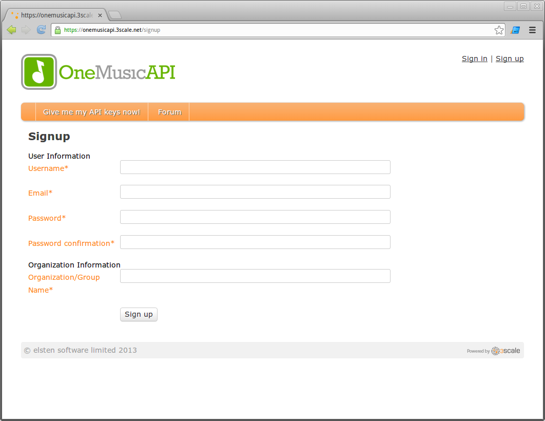 OneMusicAPI developer portal signup page